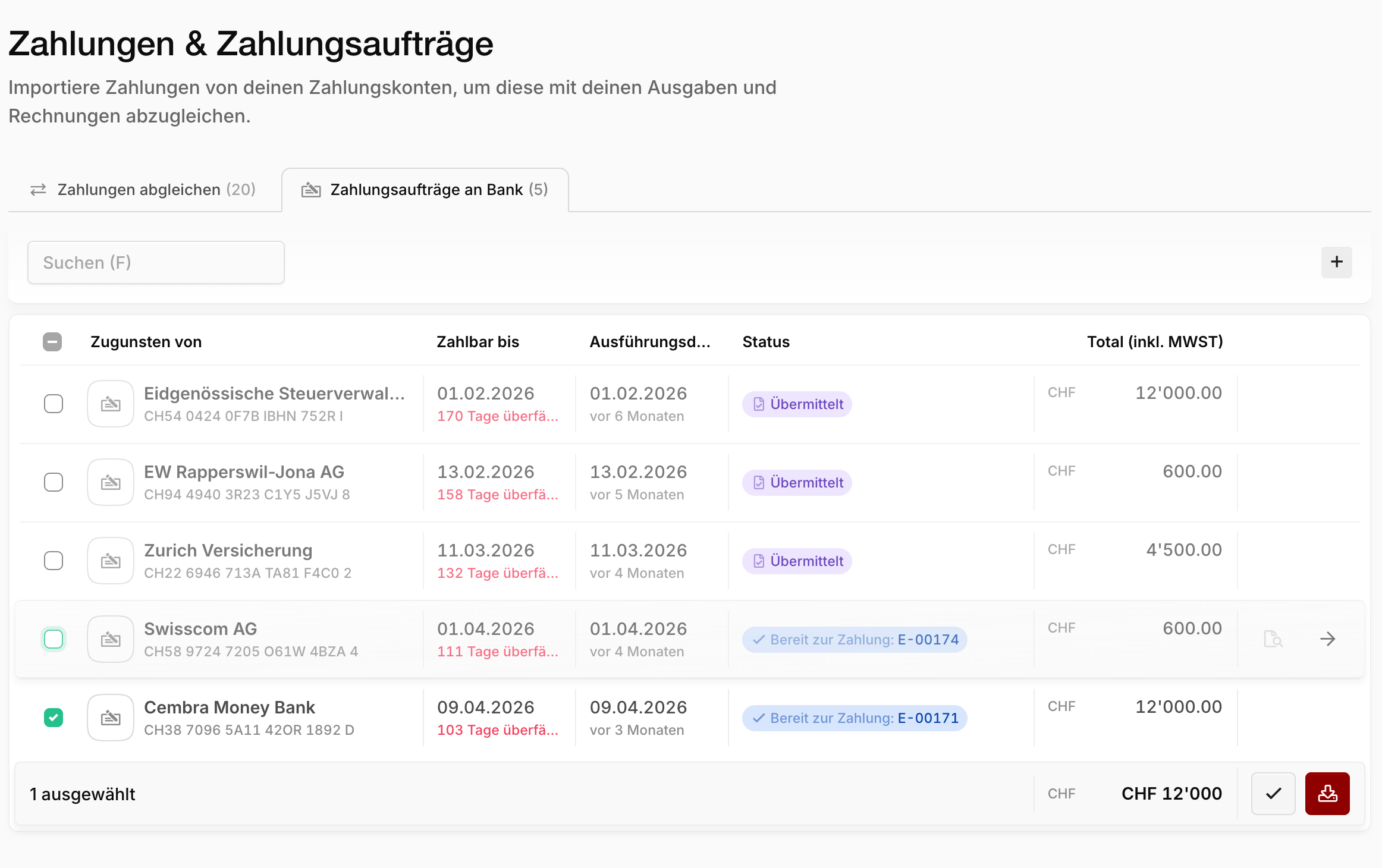 Liste der offenen Zahlungsaufträge mit Auswahl und Download-Button