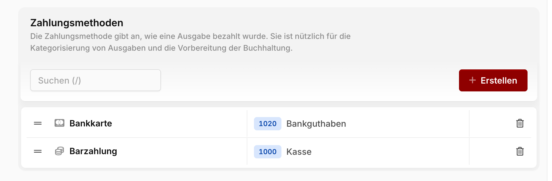 Einstellungsseite "Ausgaben" mit der Liste der Zahlungsmethoden und dem jeweils verknüpften Buchhaltungskonto